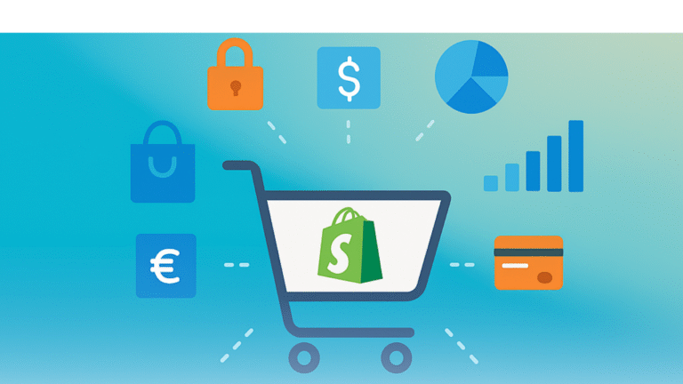 Shopping cart illustration with Shopify logo, payment icons, currency symbols, and sales growth graphics representing e-commerce accounting.