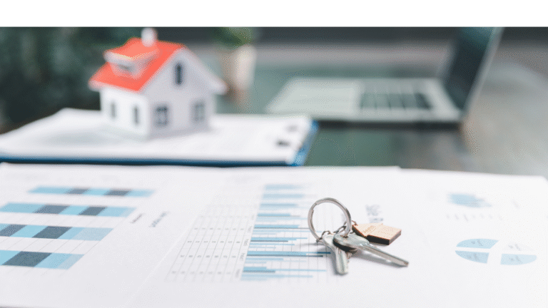 Two professionals discussing real estate documents outdoors in front of modern buildings.