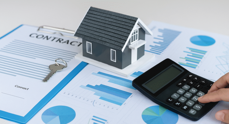 A miniature house model on financial reports with a contract, keys, and a calculator representing real estate accounting.