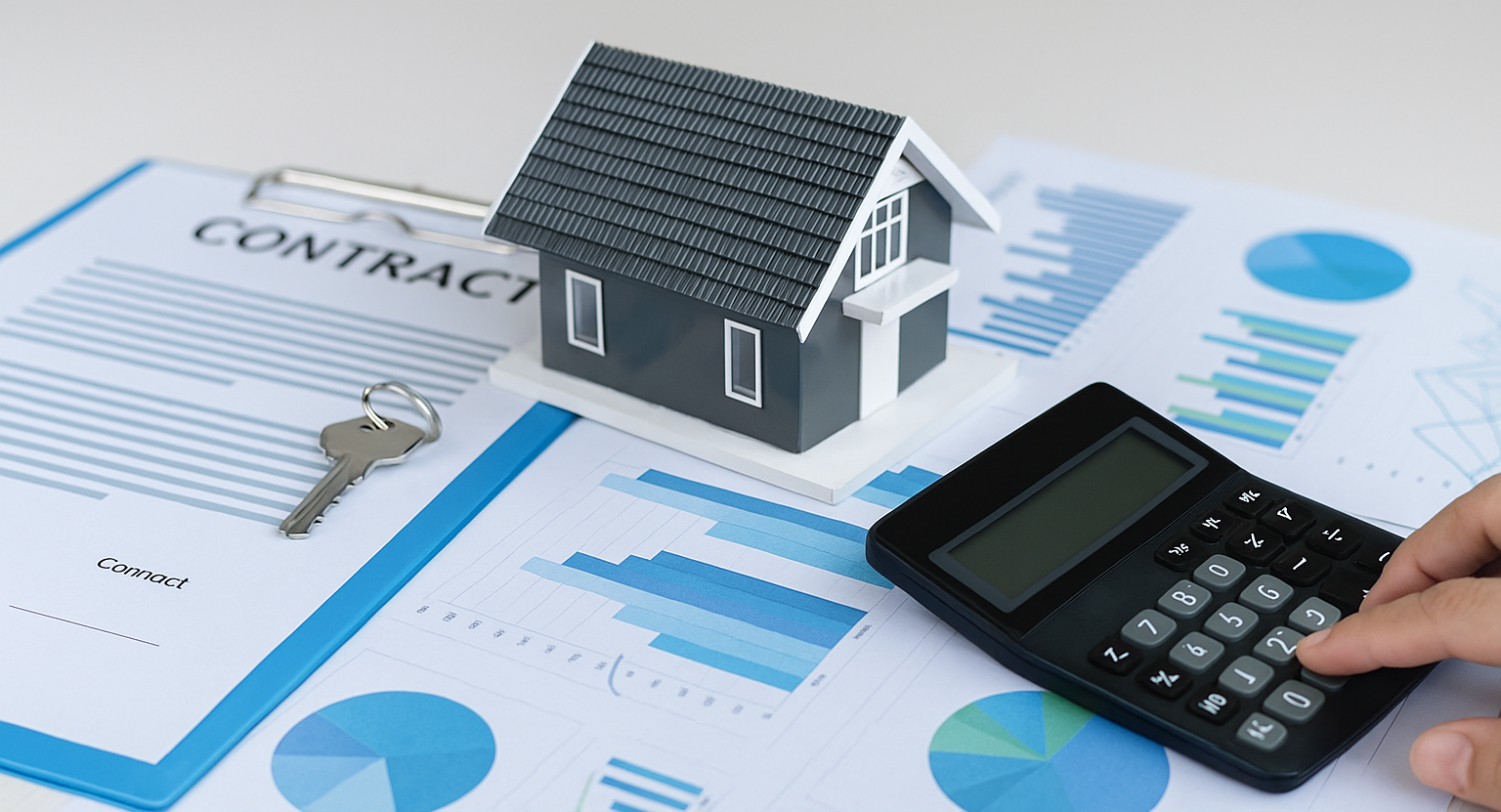 A miniature house model on financial reports with a contract, keys, and a calculator representing real estate accounting.