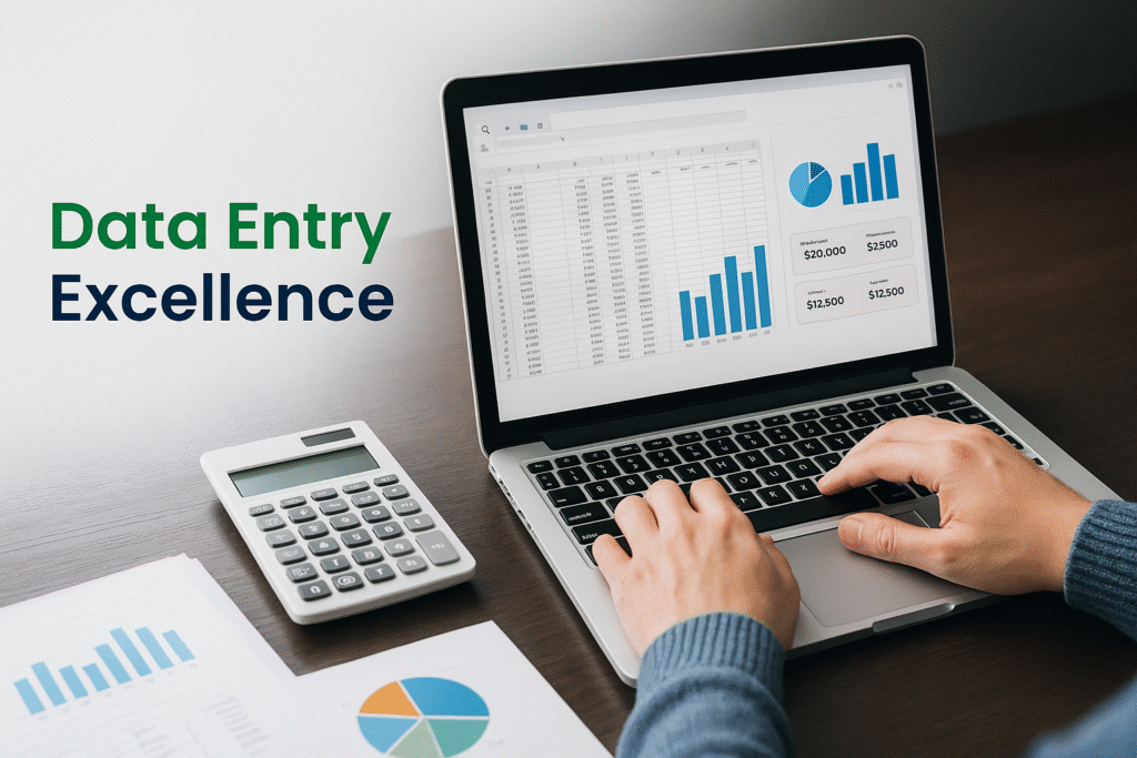 Professional accountant performing data entry on a laptop with financial charts, calculator, and reports — VRSapients Data Entry Excellence.