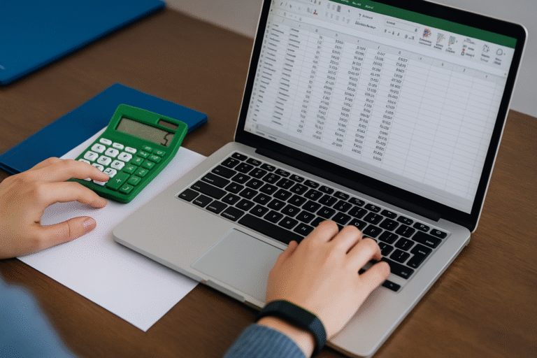 Data entry specialist using Excel and calculator to record financial data VRSapients outsourced accounting services.