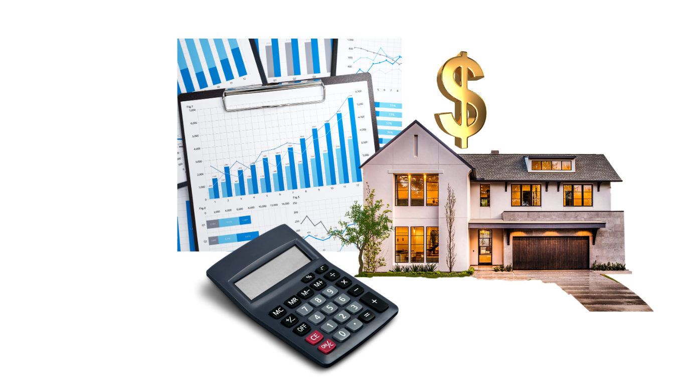 Professional banner showing real estate accounting transformation case study with a house illustration, financial charts, and calculator icons on a clean teal background