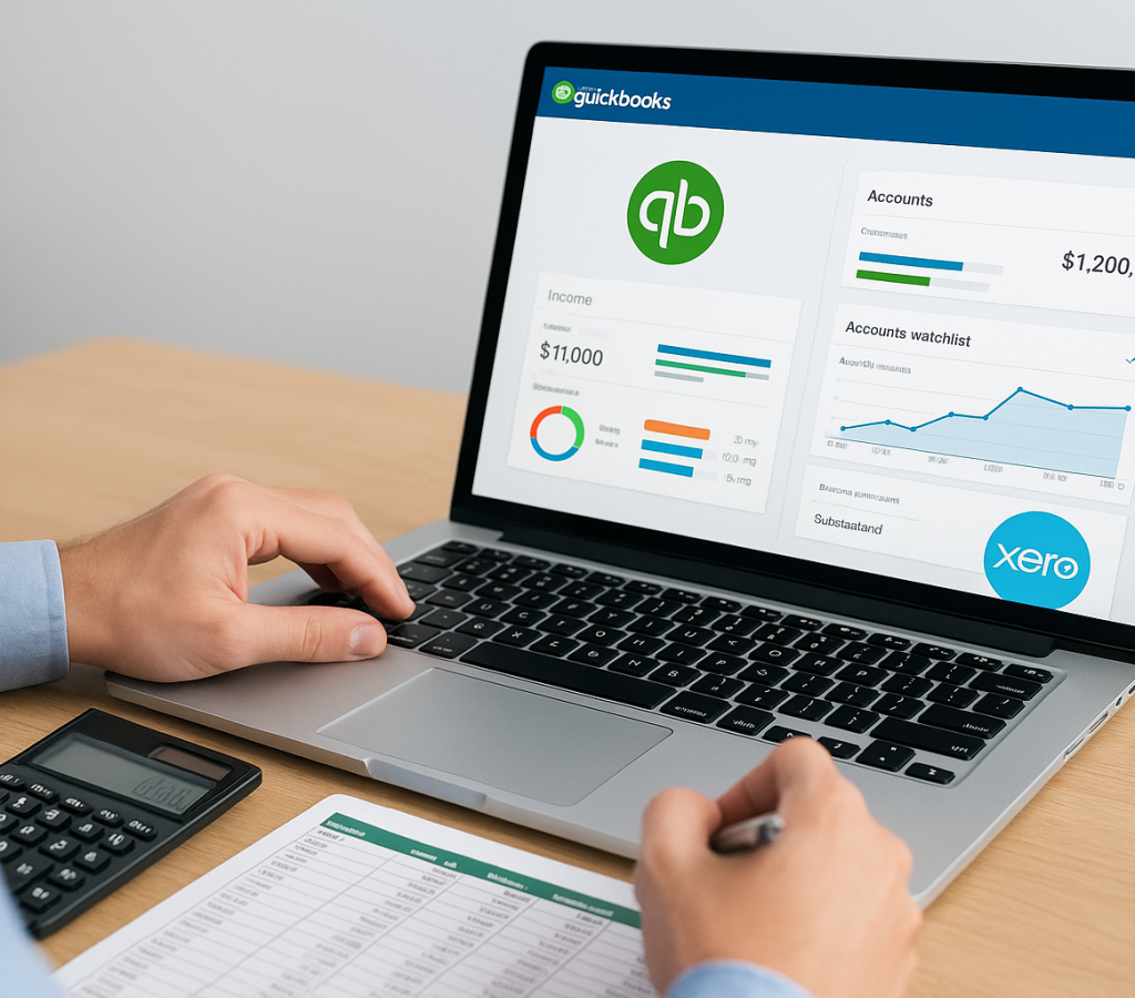 Accountant reviewing financial dashboards on a laptop using QuickBooks and Xero, with documents and calculator VRSapients bookkeeping and accounting services.