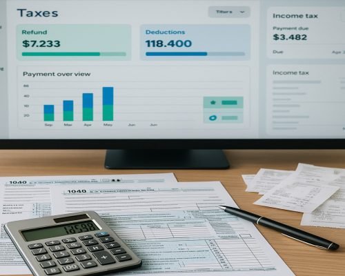 Tax preparation documents, calculator, and digital dashboard displaying refund and deduction data VRSapients tax preparation services.
